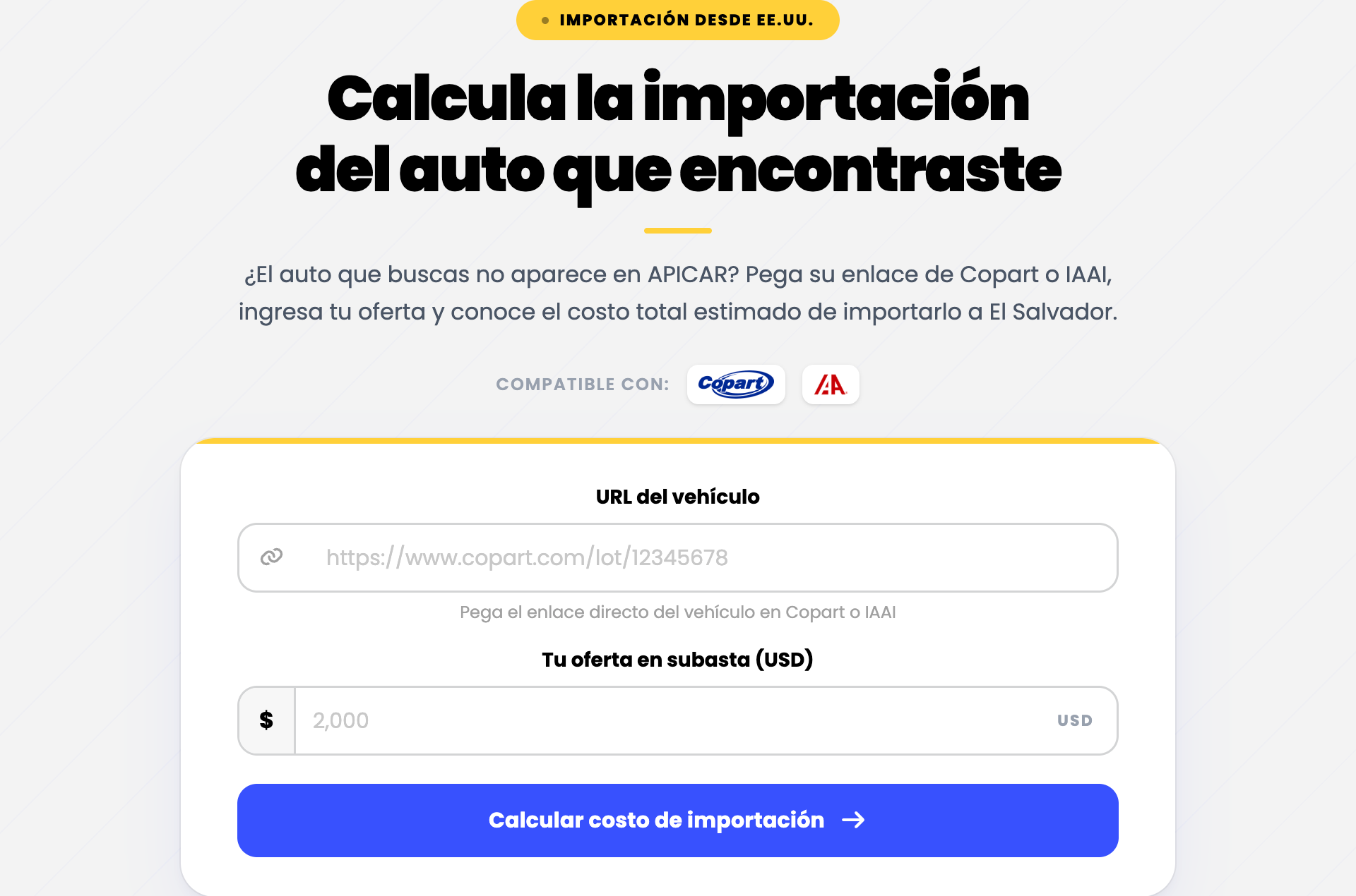 Vista previa del formulario de la calculadora de importación