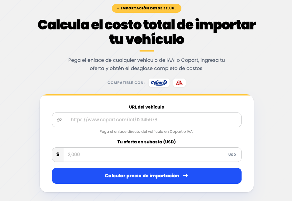 Vista previa de la calculadora de importación